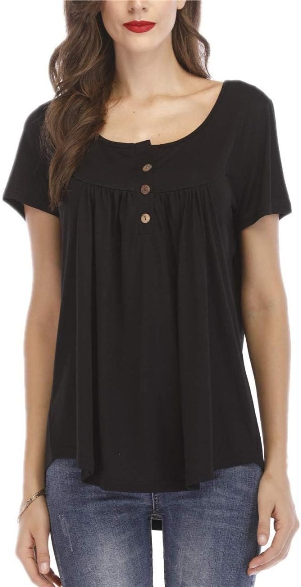 ⁦Womens Tops Floral V Neck Casual Blouses Short/Long Sleeve Shirts Button Up Tunic⁩ - الصورة ⁦2⁩