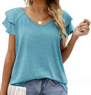 Womens Tops V Neck Ruffle Short Sleeve T Shirt Summer Dressy Casual Shirts Loose Comfy Blouses
