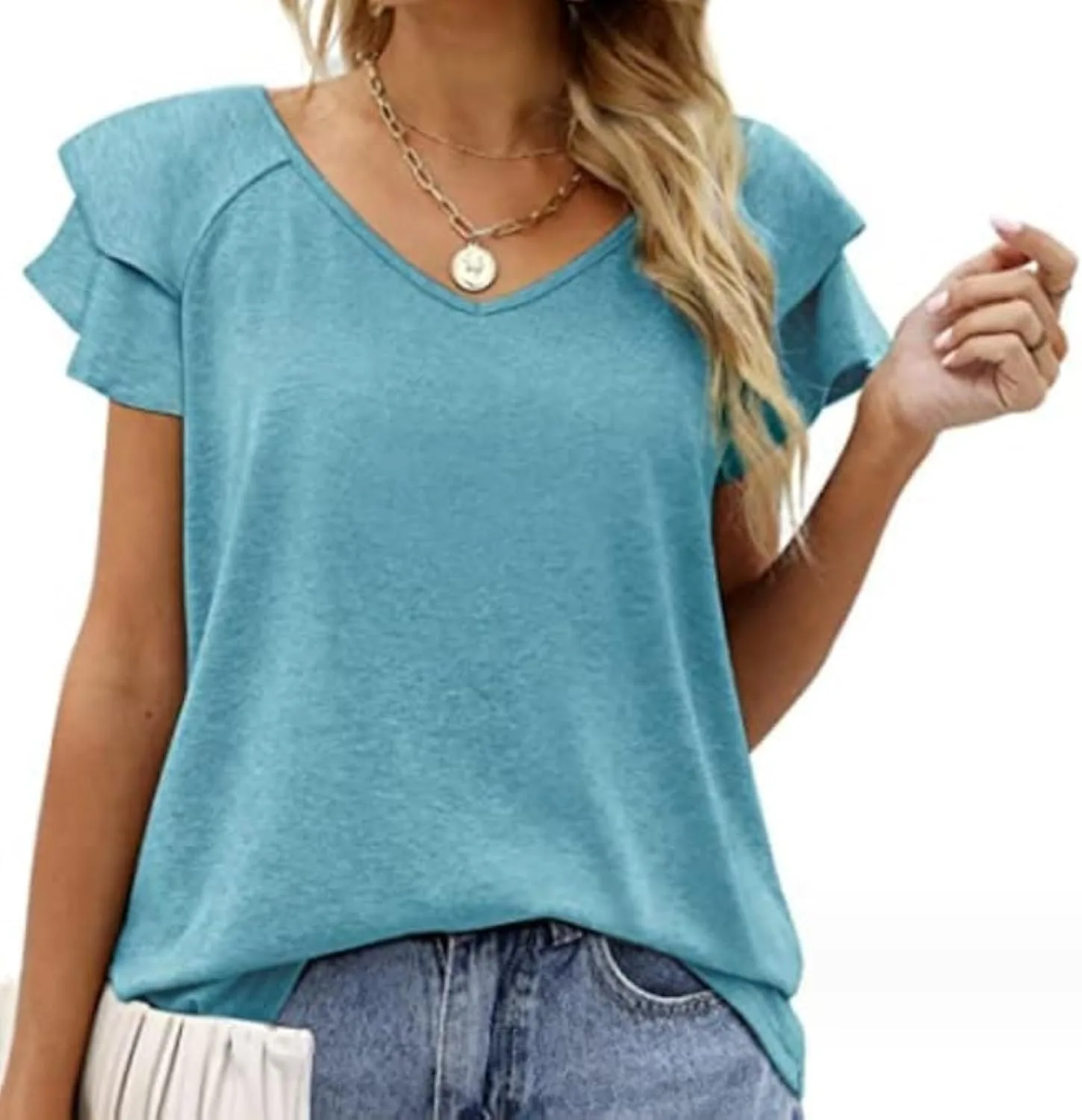 Womens Tops V Neck Ruffle Short Sleeve T Shirt Summer jpg