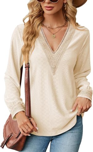 تي شيرت كاجوال من الدانتيل بقبة V واكمام طويلة وفتحة رقبة على شكل حرف للنساء يوبلانيت بلايز تونيك فضفاضة