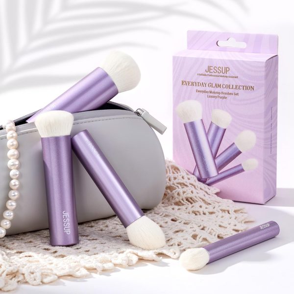 ⁦Jessup Makeup Brushes Set 4pcs Face Kabuki Brush for Foundation Contour Powder Blush Bronzer and Highlighter, Premium Synthetic Fiber Cruelty-Free, Luxury Purple T517⁩ - الصورة ⁦6⁩