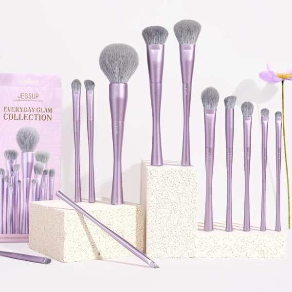 ⁦Jessup Makeup Brushes Set Professional 14pcs Vegan Make Up Brushes, Foundation Eyeshadow Concealer Contour Powder Blush Blending Eyeliner Brush, Premium Synthetic Fiber, Luxury Purple T512⁩ - الصورة ⁦7⁩
