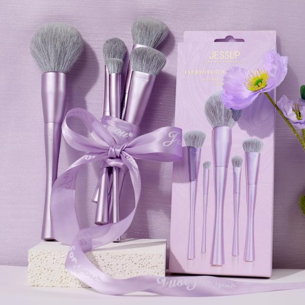 ⁦Jessup Makeup Brushes Face 5pcs, Premium Synthetic Make Up Brushes Set for Foundation Contour Blush Highlighter and Powder, Luxury Purple T514⁩ - الصورة ⁦6⁩