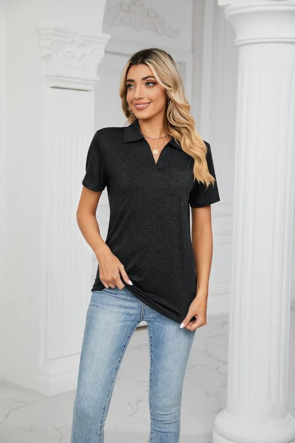 ⁦Womens V Neck Polo Shirts Short Sleeve Collared Tops Loose Casual Tunic Blouses with Pocket⁩ - الصورة ⁦6⁩