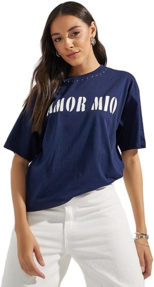 Styli Womene Oversized Amor Mio Slogan Rhinestone Longline T-Shirt