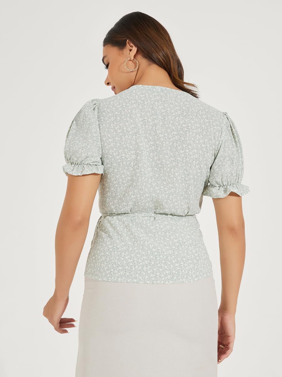STYLI Women All Over Print Wrap Top with Puff Sleeves 4 STYLI Women All Over Print Wrap Top with Puff Sleeves - الصورة 4