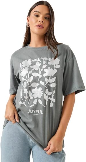 Styli Women's Floral Foil Graphic Oversized Round Neck T-Shirt