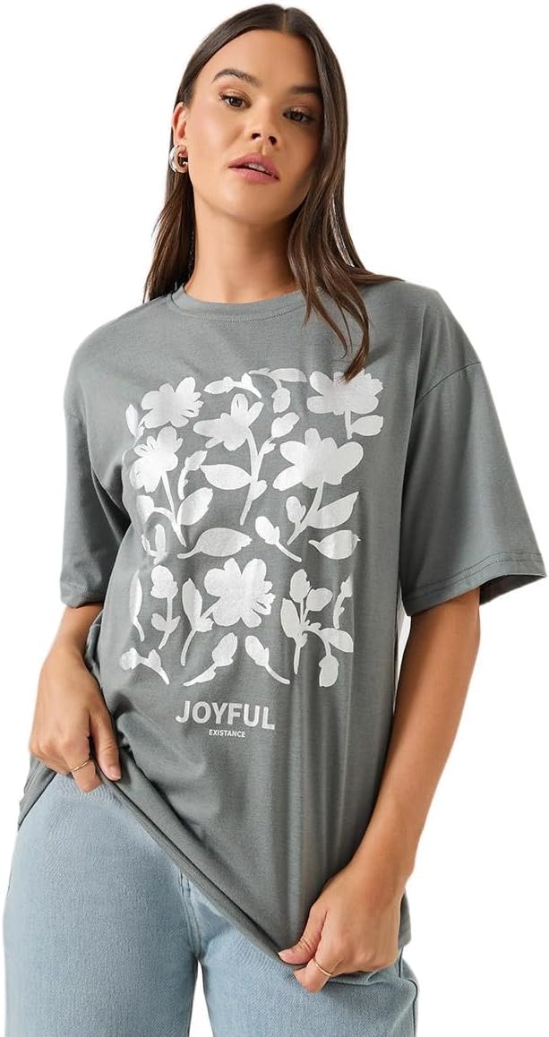 Styli Women's Floral Foil Graphic Oversized Round Neck T-Shirt 1 Styli Women's Floral Foil Graphic Oversized Round Neck T-Shirt