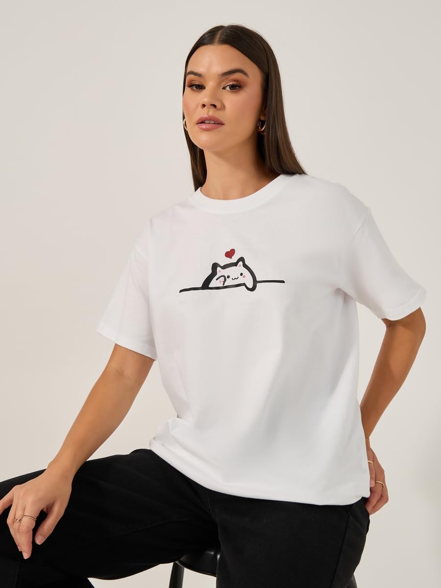 Styli Women's Oversized Short Sleeve Cat Graphic Round Neck T-Shirt 2 Styli Women's Oversized Short Sleeve Cat Graphic Round Neck T-Shirt - الصورة 2