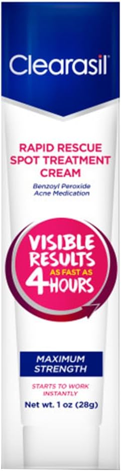 Clearasil Rapid Rescue Spot Treatment Cream, Maximum Strength-Medicated Benzoyl Peroxide Acne Treatment, Visible Results As Fast As 4 Hours, Keeps Treating Pimples After Use, 1 oz.