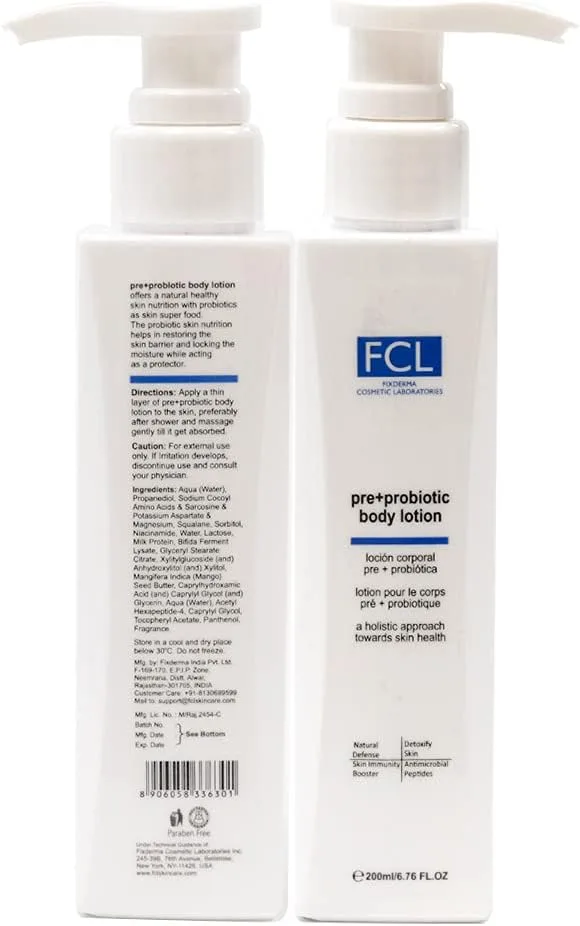 FCL Pre+Probiotic Body Lotion for Healthy Skin Nutrition with Probiotics | Lotion for Dry Skin, Itchy Skin & Sensitive Skin | Non Comedogenic, Paraben Free Lotion - 6.76 Fl Oz