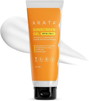 Arata SPF 50+ & PA+++ Ultra Light Sunscreen Gel For Oily Skin With Water Base Formulation | No White Cast | Balancing for Broad Spectrum UVA & UVB Protection with Pomegranate & Red Raspberry |