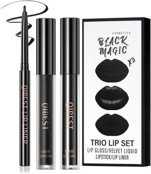 3Pcs Black Matte Liquid Lipstick and Lip Liner Set - Black Lip Gloss Stain Lipliner Set, Moisturizing Velvet Liquid Lipstick Lipgloss/Non-Stick Cup Lip Stain for Halloween Goth Makeup
