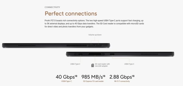 ⁦Asus ProArt PZ13" 3K (2880 x 1800) OLED,HT5306QA-LX004W,Qualcomm SnapdragonX Plus up to 45TOPS,16GB RAM DDR5,1TB M.2 NVMe,Wireless detachable Keyboard,TYPE-C, Adapter,0.85 kg, WIN 11,Aluminum Black⁩ - الصورة ⁦5⁩