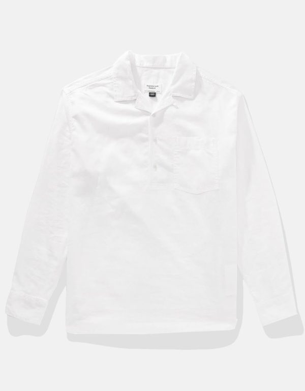 ⁦American Eagle Men Long-Sleeve Linen-Blend Popover Shirt⁩ - الصورة ⁦3⁩