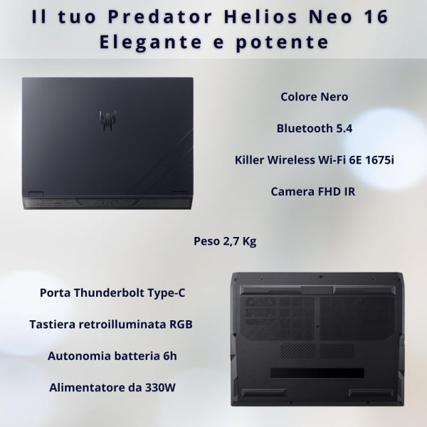 ⁦Acer Predator Helios Neo 16 AI Pc Gaming, Notebook Gaming Ultra 9 275HX, 32GB RAM DDR5, SSD 1TB PCIe, Display 16" WQXGA 240Hz, nVIDIA GeForce RTX 5070 Ti 12GB GDDR7, Laptop Gaming Keyboard RGB, W11⁩ - الصورة ⁦6⁩