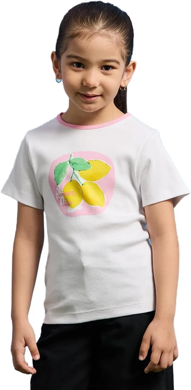 REDTAG Girls White Lemon Printed T-Shirt