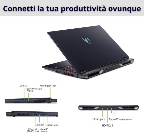 ⁦Acer Predator Helios Neo 16 AI Pc Gaming, Notebook Gaming Ultra 9 275HX, 32GB RAM DDR5, SSD 1TB PCIe, Display 16" WQXGA 240Hz, nVIDIA GeForce RTX 5070 Ti 12GB GDDR7, Laptop Gaming Keyboard RGB, W11⁩ - الصورة ⁦7⁩