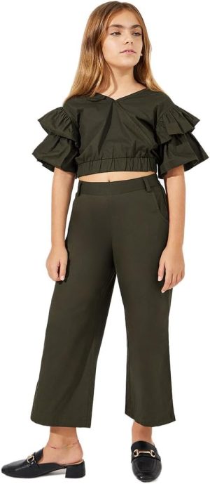 STYLI Girls Layered Sleeve Crop Top & Wide Leg Pants Set