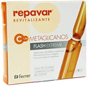 Repavar Revitalizing - Extreme Flash Metaglycan Serum - Immediate Tensioner Effect - Made with Vitamin C - More Luminous and Radiant Skin - Fixes Makeup - 5 x 1 ml Ampoules