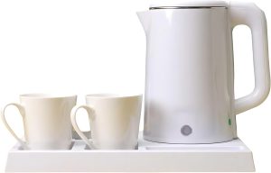 Electric Kettle, 1.8L Capacity, 1500W Fast Boil, Auto Shut-Off, White | غلاية ماء صغيرة 1500 واط مع صينية وكوبين | غلاية شاي كهربائية | غلاية مياه