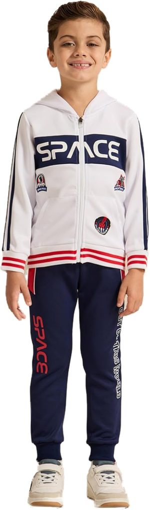 REDTAG Boys White Hooded Zip-Through Jogging Set (2 Piece)