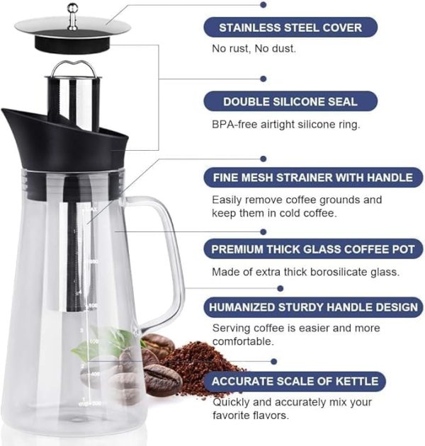 ⁦AZONY Cold Brew Coffee Maker, 1200ml Iced Coffee Maker with Removable 304 Stainless Steel Fine Mesh Infuser, Cold Brew Coffee Maker, Iced Tea, Cold Tea, Water⁩ - الصورة ⁦3⁩