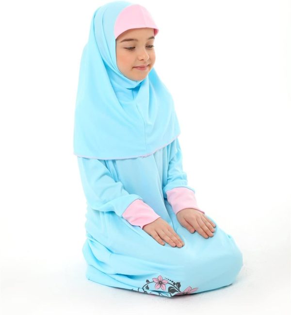 ⁦Girl's Prayer Islamic Dress Flower Printed Sleeve Cuffed Prayer Set for Muslim Girls⁩ - الصورة ⁦2⁩