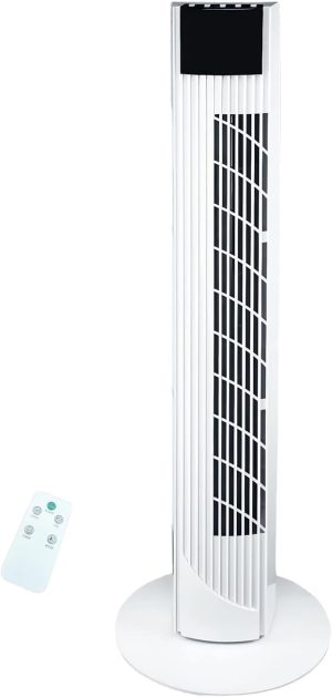 Jorunb Tower Fan with Remote 90 Oscillation Bladeless Standing Fan 27ft/s High-Speed 34dB Quiet Floor Fan Pedestal Fans with 3 Speeds 3 Modes 12H Timer Temperature LED Display (White)