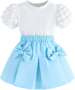 Guodeunh Toddler Girl Summer Outfits Puff Short Sleeve Ribbed Knit Tops Mini Skirt Set Cute Girl Clothes