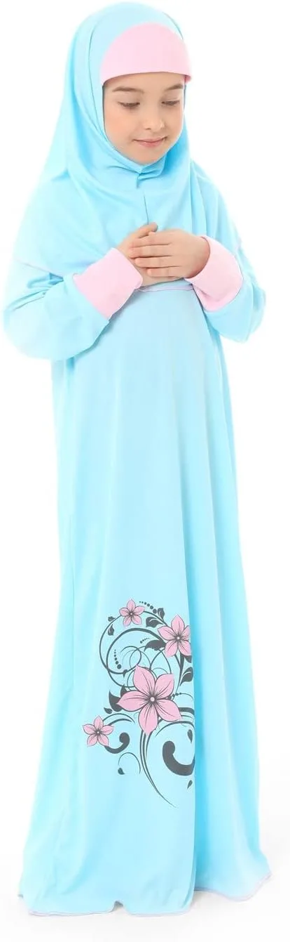 Girl's Prayer Islamic Dress Flower Printed Sleeve Cuffed Prayer Set for Muslim Girls