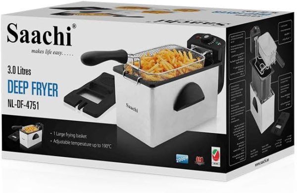 ⁦Saachi Deep Fryer Stainless Steel Body 3.0 Litres 2000 W Adjustable Thermostat anti-odour filter and non-stick coated pan NL-DF-4751-ST Silver-Black⁩ - الصورة ⁦2⁩