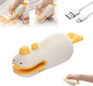 Azonee Mini Bag Sealer 2025 New Cute Duck Design 2-in-1 Chip Bag Sealer with Cutter, USB Rechargeable Heat Seal Machine for Food Storage, Snacks Freshness, Portable Handheld Sealer (1PC)