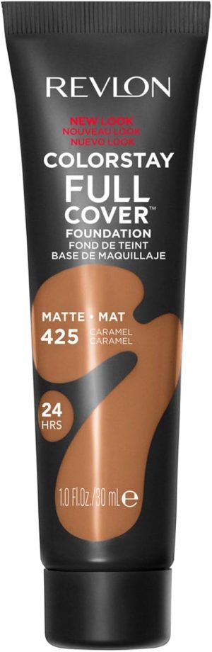 Revlon ColorStay Full Cover Longwear Matte Foundation, Heat & Sweat Resistant Lightweight Face Makeup, Caramel (425), 30ml