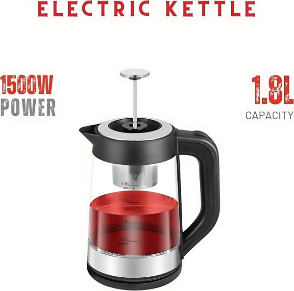 ⁦Electric Glass Kettle for Tea Capacity 1.8L Power 1500 Watts, Moveable Filter Arabic Tea Maker, Black Clear 2 Years Warranty | غلايه كهربائيه زجاجيه 1.8 لتر | صانع الشاي العربي غلاية⁩ - الصورة ⁦4⁩