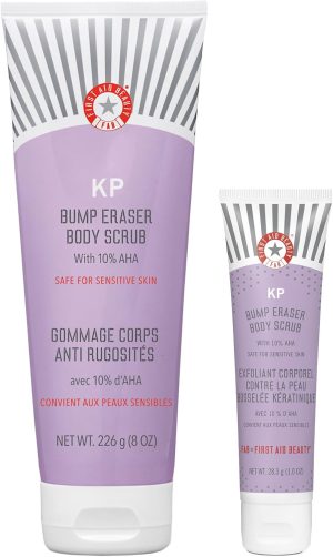 First Aid Beauty KP Bump Eraser Body Scrub Exfoliant for Keratosis Pilaris with 10% AHA – 8 oz + Bonus 1 oz Travel Size Tube