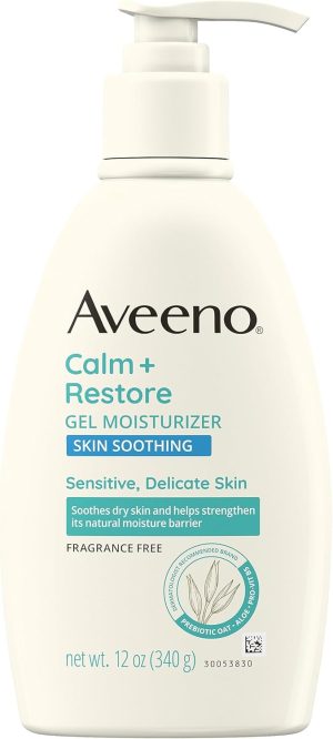 Aveeno Calm + Restore Gel Body Moisturizer for Sensitive, Delicate Skin, Lightweight Daily Dry Skin Healing Moisturizer with Prebiotic Oat, Aloe & Pro-Vitamin B5, Fragrance Free, 12 oz
