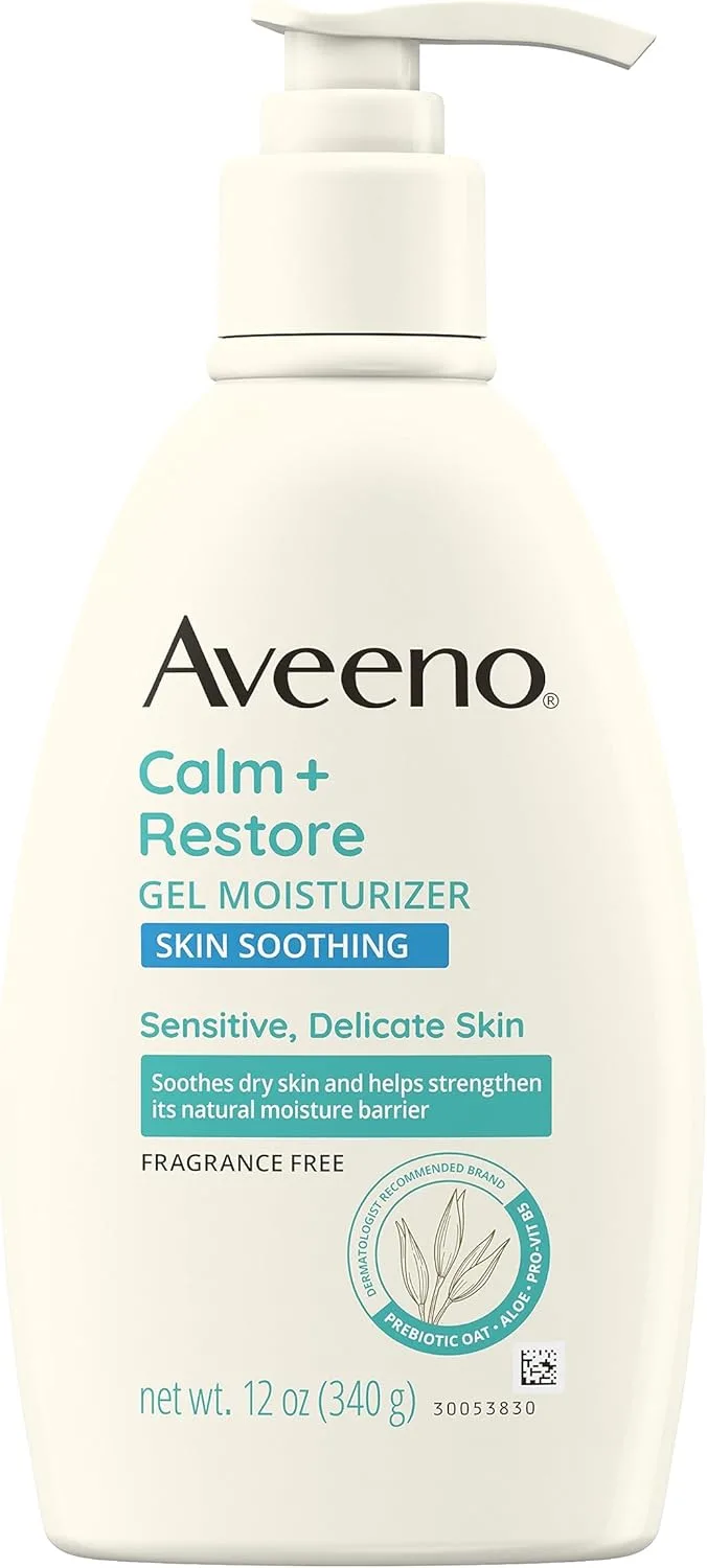 Aveeno Calm + Restore Gel Body Moisturizer for Sensitive, Delicate Skin, Lightweight Daily Dry Skin Healing Moisturizer with Prebiotic Oat, Aloe & Pro-Vitamin B5, Fragrance Free, 12 oz
