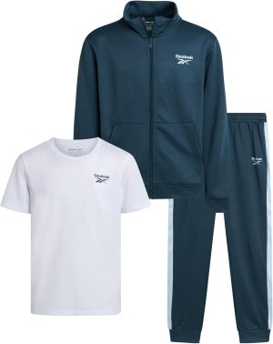 Reebok Boys Tracksuit Set - 3 Piece Tricot Zip Sweatshirt, Jogger Sweatpants, T-Shirt - Activewear Outfit Set for Boys (8-14)