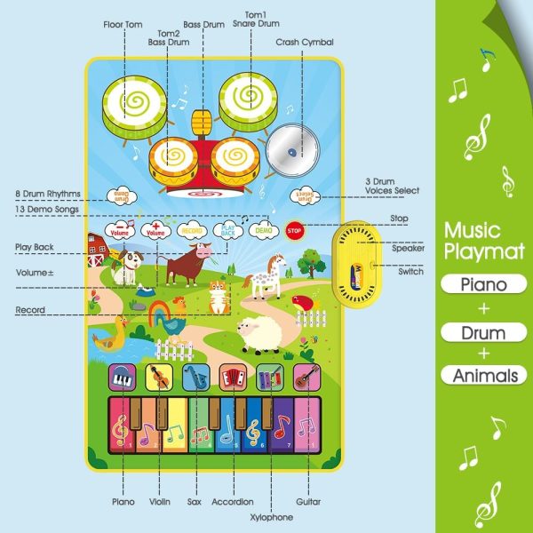 ⁦3 in 1 Musical Mat for Toddlers, Baby Toys Piano Keyboard and Animal Sound and Drum Set with 2 Sticks for Boys Girls Gift, Animal Touch Play Blanket Early Education Learning Toys for 1 2 3 Years Kids⁩ - الصورة ⁦2⁩