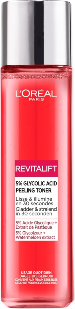 L'Oréal Paris - Smoothing and Exfoliating Facial Peeling Lotion - Removes Blackheads, Enlarged Pores & Blemishes - Glycolic Acid 5% - Revitalift Toner Peeling - 180ml