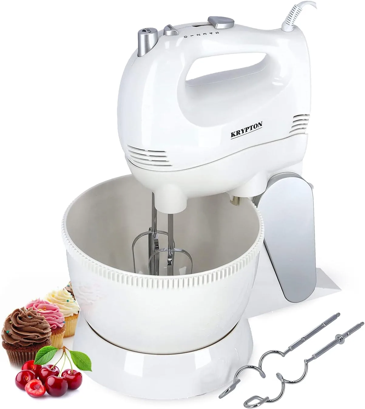 Krypton Stand Mixer, 250W Mixer with Rotating Bowl, KNSM6242 | 5 Speed Setting | Beaters & Dough Hooks for Easy Egg, Whipping, Mixing Dough, Cookies, Brownies