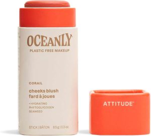 ATTITUDE Oceanly Plastic-Free Lightweight Blush Stick, Titanium Dioxide-Free, EWG Verified, Vegan Makeup, Corail, 8.5 grams