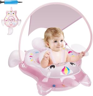 Azonee Baby Swimming Float, Inflatable Baby Pool Float Baby Swimming Ring Suit with SPF 50+ Sun Canopy and Safety Bottom Support, for Newborn Baby Kid Toddler Age of 3-36 Months L