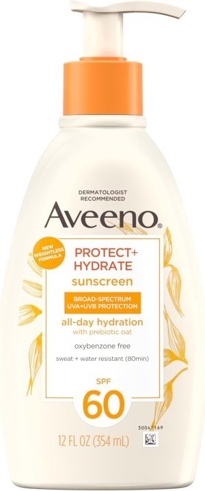 AVEENO BABY Protect + Hydrate Moisturizing Body Sunscreen Lotion With Broad Spectrum Spf 60 & Prebiotic Oat, Weightless, Paraben-free, Oil-free & Oxybenzone-free, Pump Bottle, 12.0 ounces, WHITE
