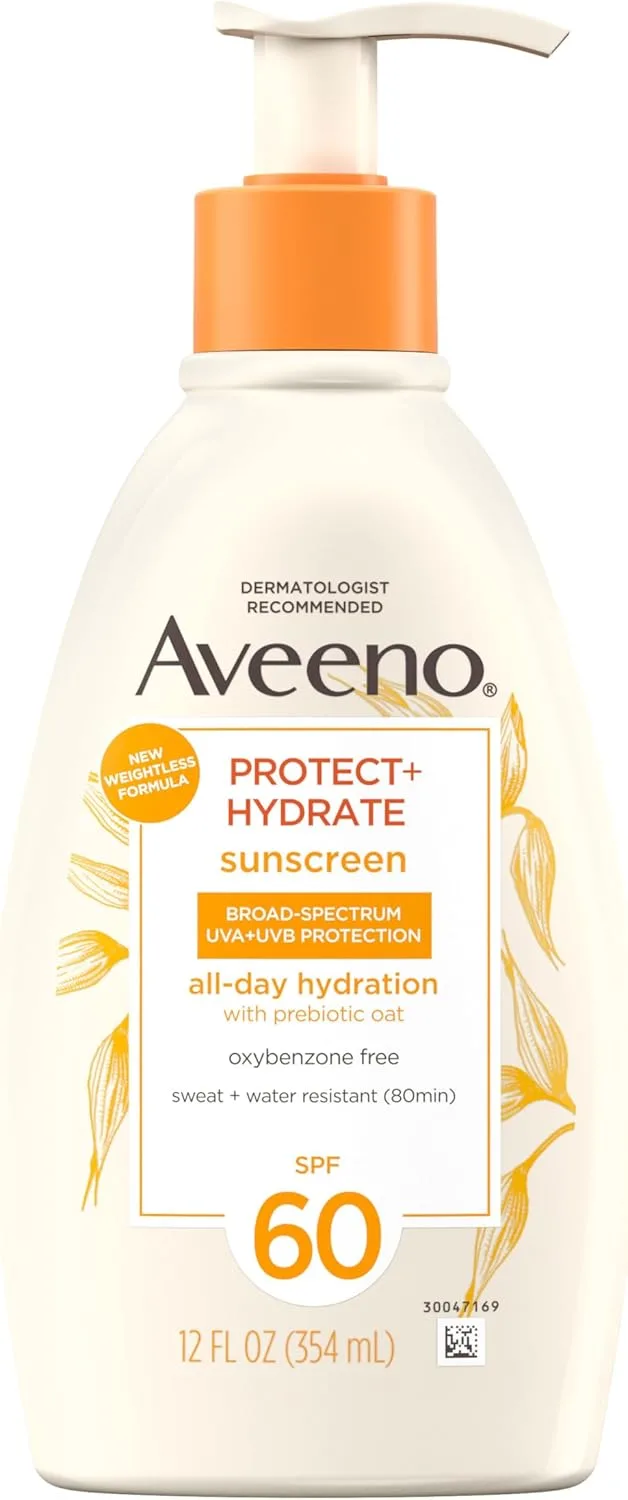 AVEENO BABY Protect + Hydrate Moisturizing Body Sunscreen Lotion With Broad Spectrum Spf 60 & Prebiotic Oat, Weightless, Paraben-free, Oil-free & Oxybenzone-free, Pump Bottle, 12.0 ounces, WHITE