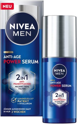 NIVEA MEN Anti-Ageing 2-in-1 Power Serum, Face Care with Hyaluronic for Anti-Ageing Effect, Skin Care with Luminous 630® Against Age and Pigment Spots (30 ml)