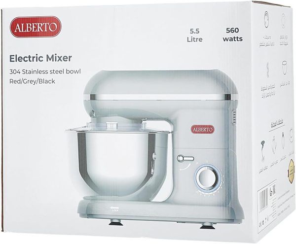 ⁦Alberto 560W Mixer, 10 Speeds, Pulse Function, 5.5L Bowl, Egg Whisk, Beater, Dough Hook (Black)⁩ - الصورة ⁦4⁩