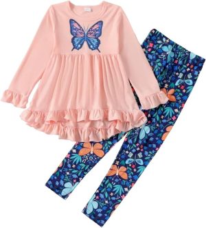 Axumity Kid Toddler Girl Clothes Bowknot Ruffled Sleeve High Low Top Floral Allover Pants 2PC Fall Outfit Set