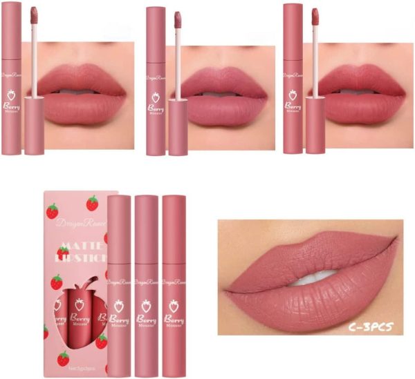 ⁦Beautishop 3Pcs Strawberry Set Matte Liquid Lipstick Makeup Set, Long Lasting Lip Gloss Non-Stick Cup is Not Easy to Fade, Waterproof Matte Lip Glaze Lipstick (C)⁩ - الصورة ⁦2⁩